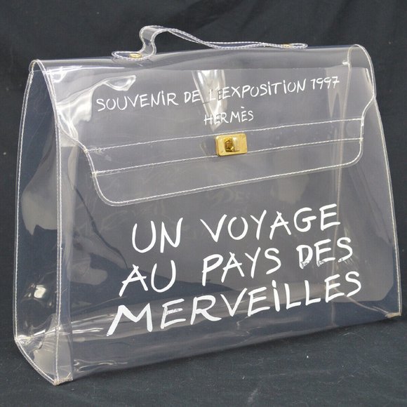 Authenticity Guarantee  HERMES Vinyl Kelly Beach Hand Bag SOUVENIR DE L'EXPOSITI - Picture 1 of 10